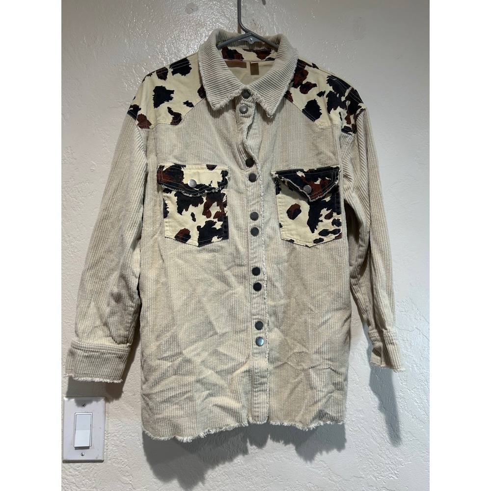 Willow Root Buckle Corduroy Shacket  Cow Print  Pockets Distressed oversized‎ s